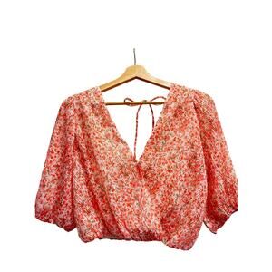 Lush Pink Floral Pleated Crop Top Puff Sleeve Cottagecore Romantic Blouse S